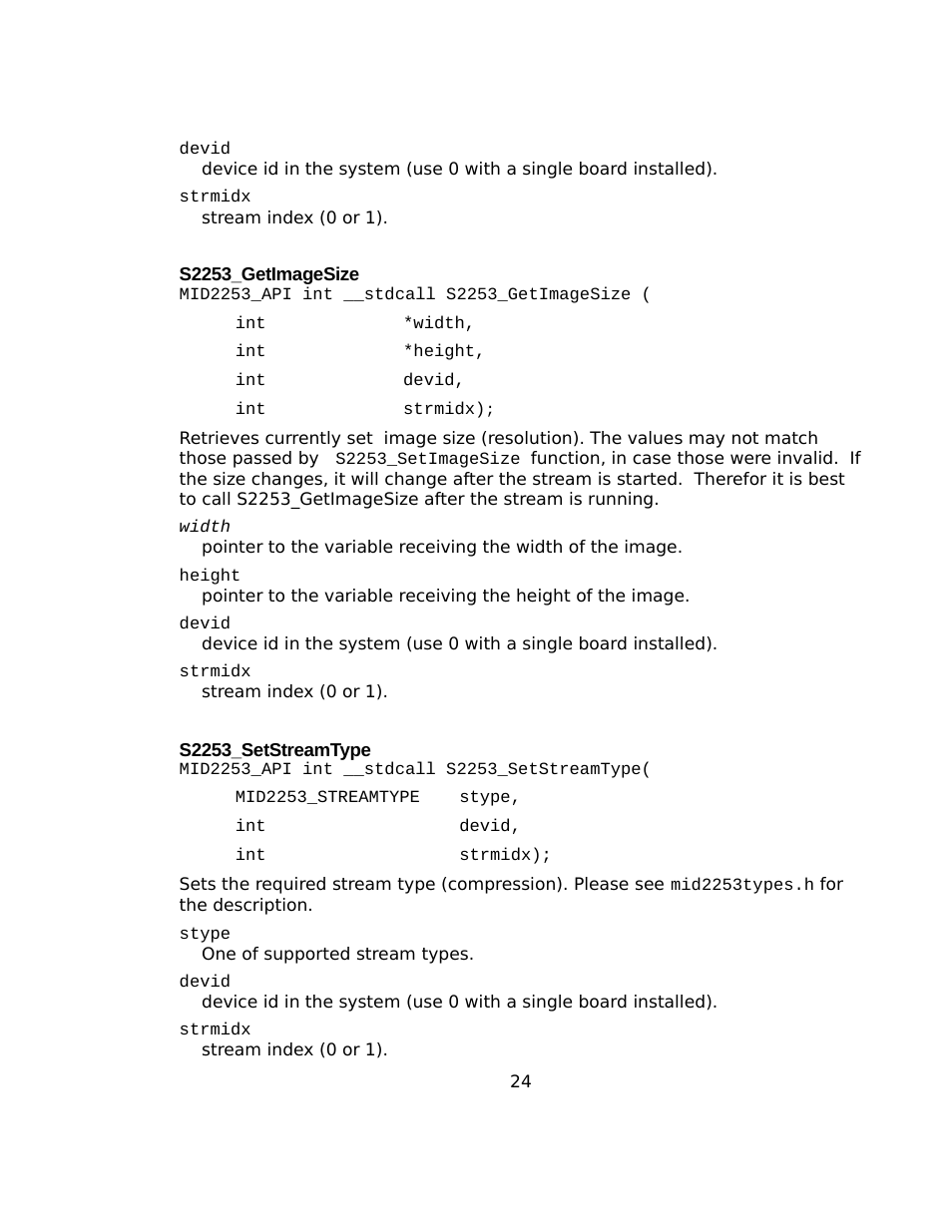 S2253_getimagesize, S2253_setstreamtype | Sensoray 2253 Windows User Manual | Page 24 / 60