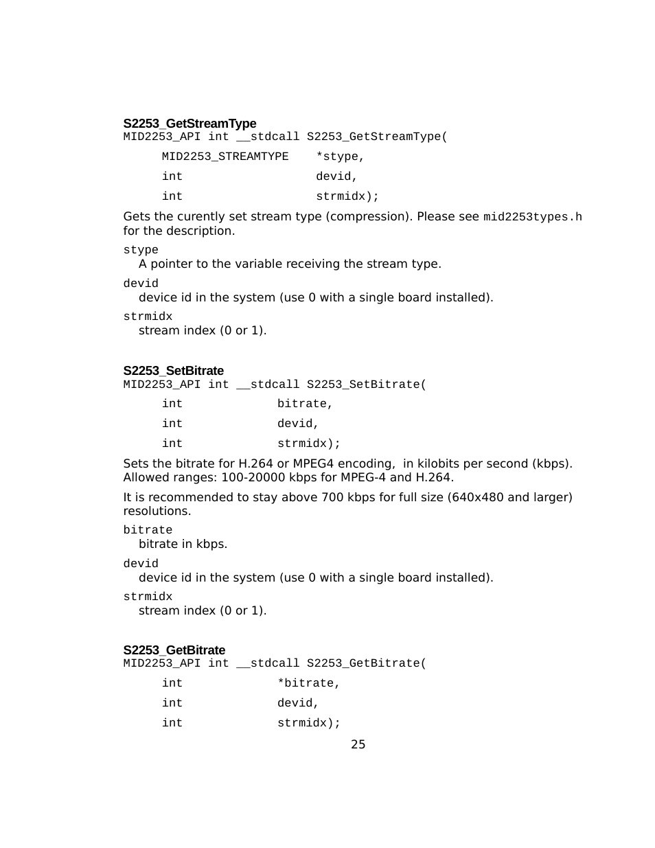 S2253_getstreamtype, S2253_setbitrate, S2253_getbitrate | Sensoray 2253 Windows User Manual | Page 25 / 60