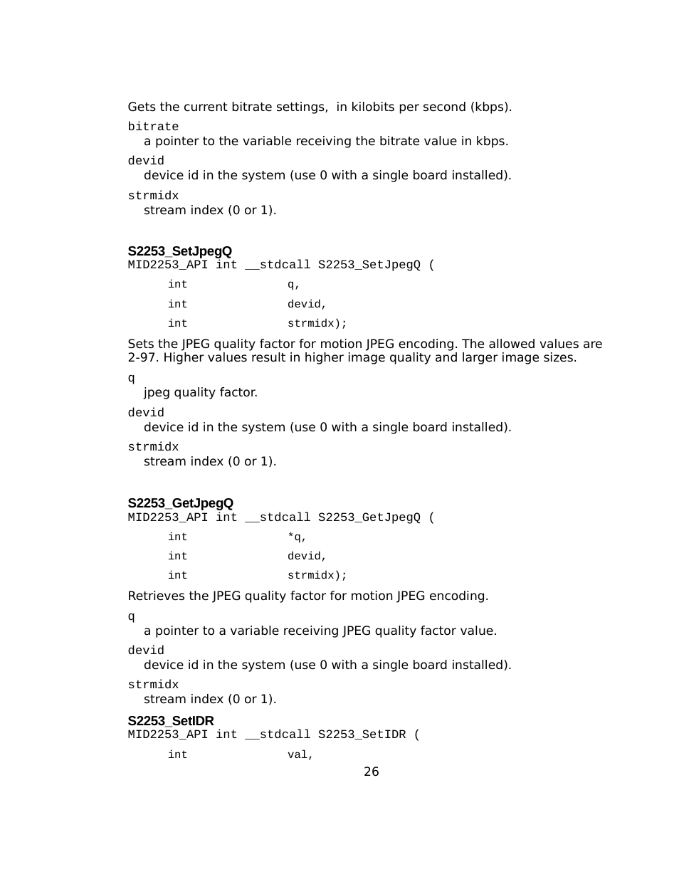 S2253_setjpegq, S2253_getjpegq, S2253_setidr | Sensoray 2253 Windows User Manual | Page 26 / 60