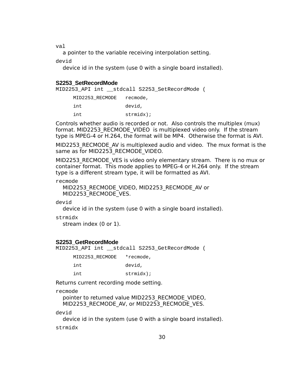 S2253_setrecordmode, S2253_getrecordmode | Sensoray 2253 Windows User Manual | Page 30 / 60