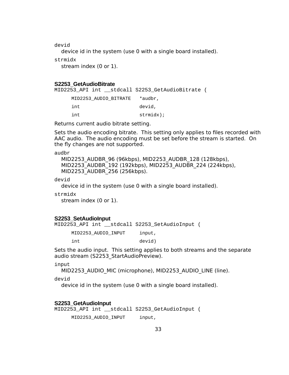 S2253_getaudiobitrate, S2253_setaudioinput, S2253_getaudioinput | Sensoray 2253 Windows User Manual | Page 33 / 60