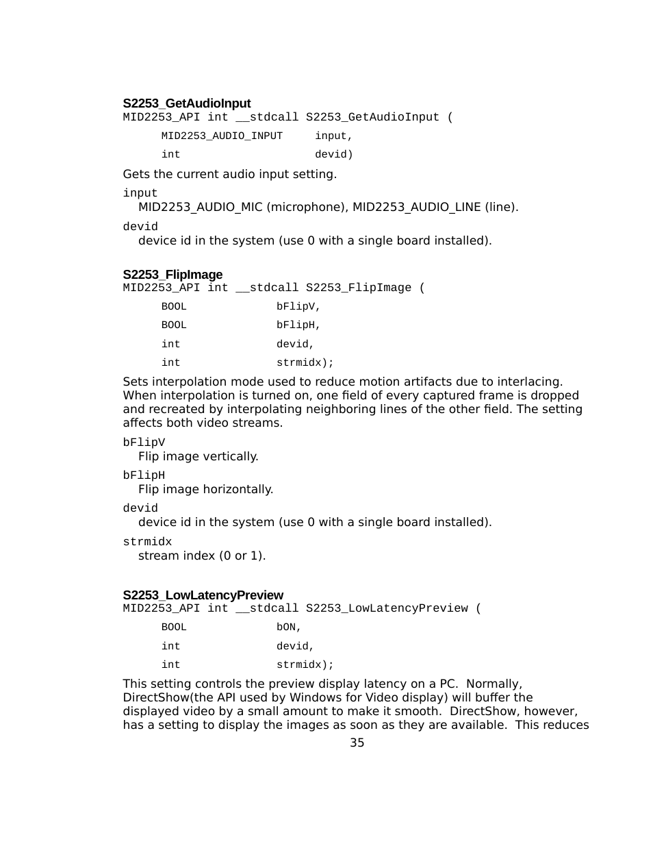 S2253_getaudioinput, S2253_flipimage, S2253_lowlatencypreview | Sensoray 2253 Windows User Manual | Page 35 / 60