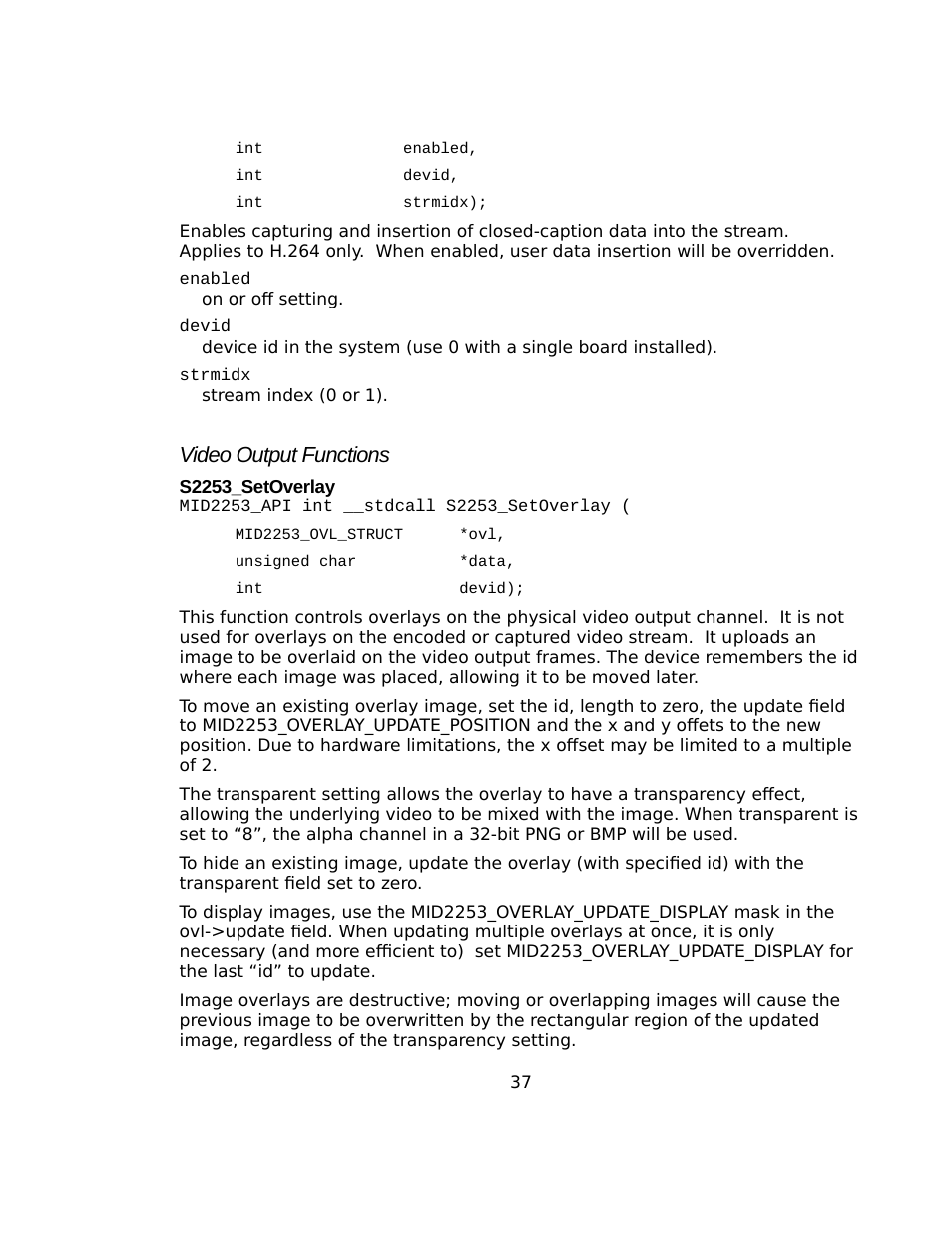 Video output functions, S2253_setoverlay | Sensoray 2253 Windows User Manual | Page 37 / 60