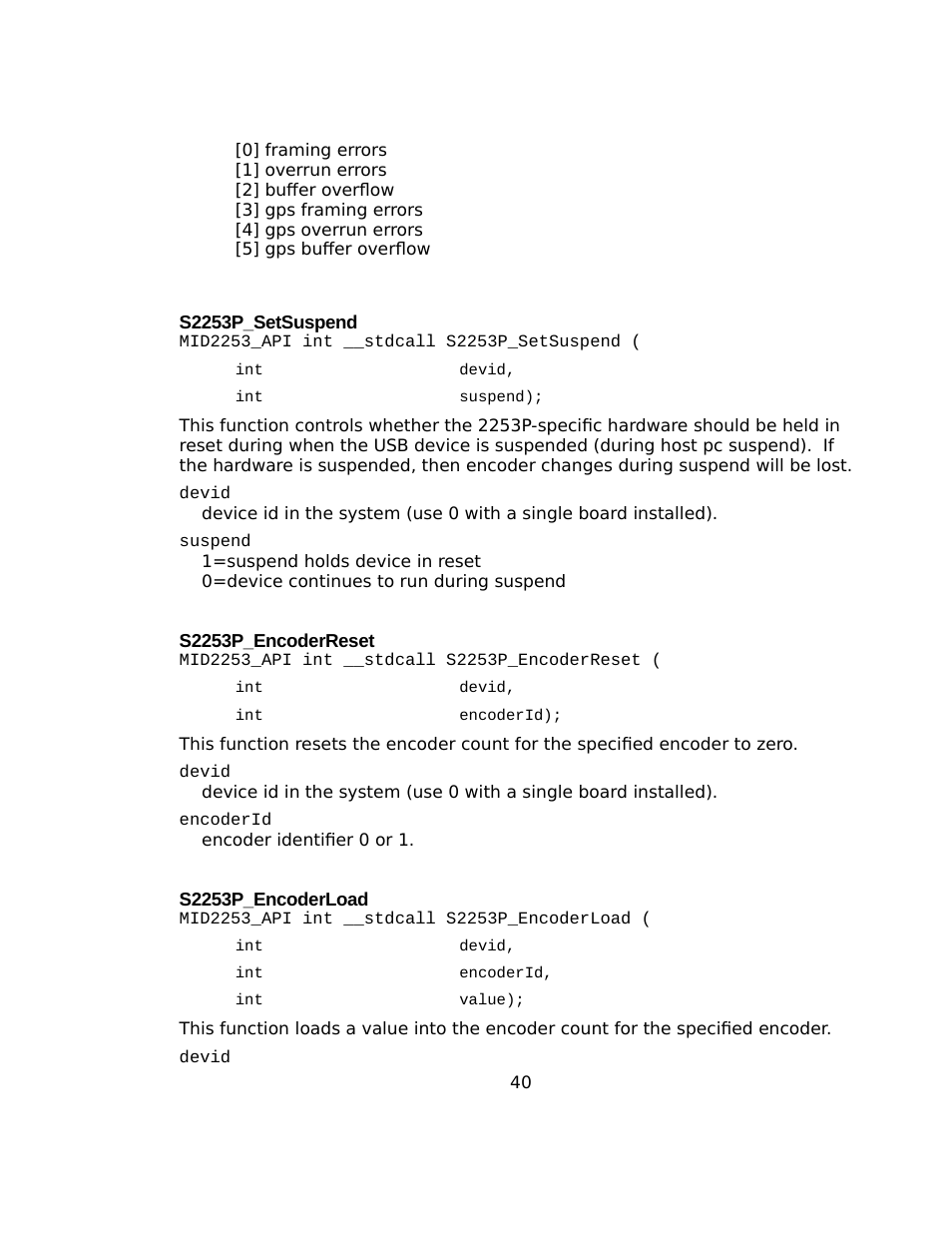 S2253p_setsuspend, S2253p_encoderreset, S2253p_encoderload | Sensoray 2253 Windows User Manual | Page 40 / 60