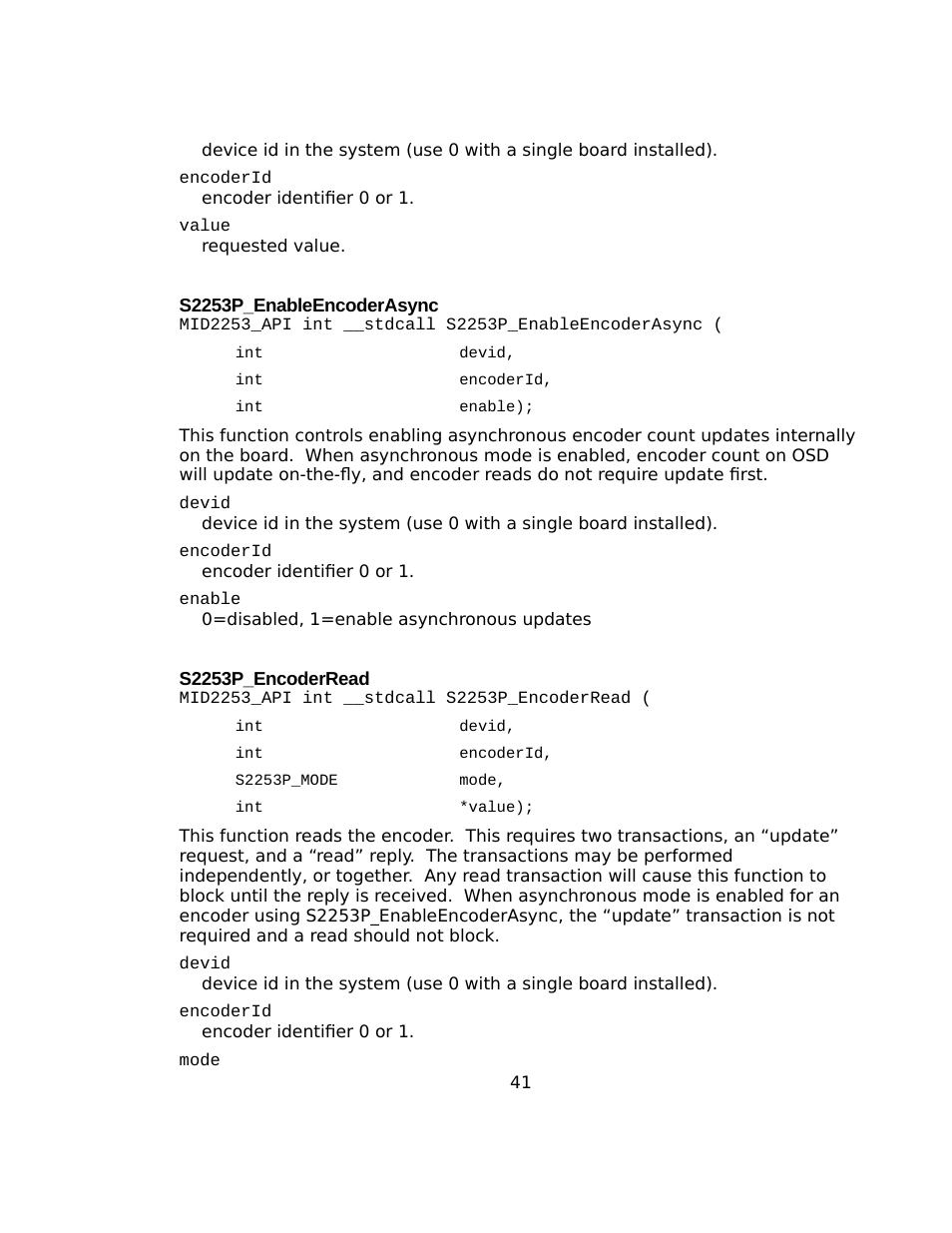 S2253p_enableencoderasync, S2253p_encoderread | Sensoray 2253 Windows User Manual | Page 41 / 60