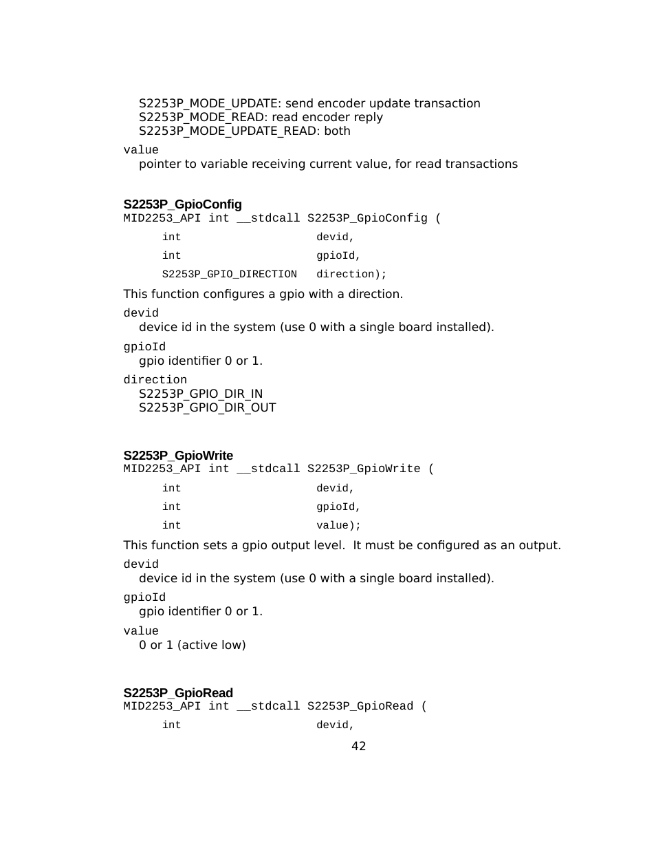 S2253p_gpioconfig, S2253p_gpiowrite, S2253p_gpioread | Sensoray 2253 Windows User Manual | Page 42 / 60