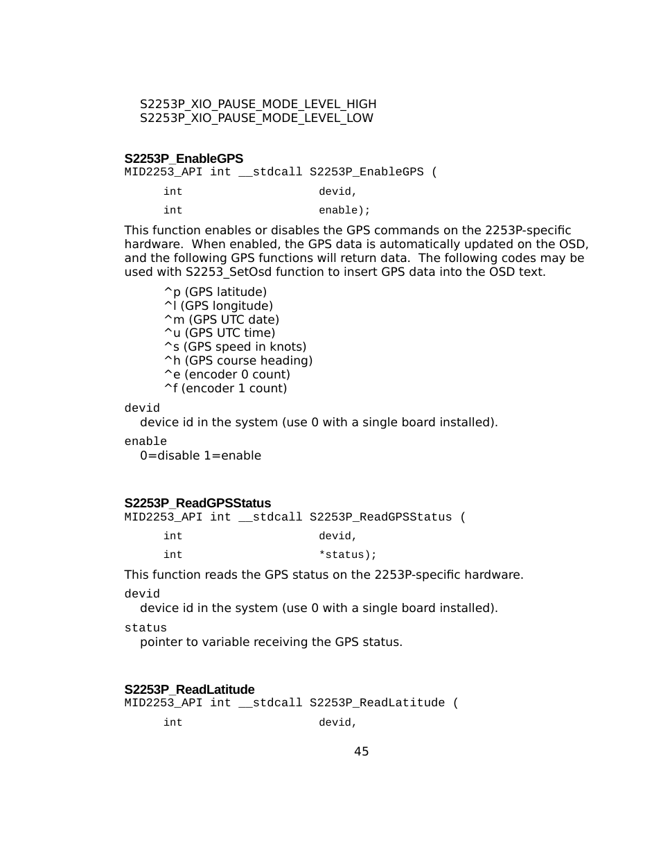 S2253p_enablegps, S2253p_readgpsstatus, S2253p_readlatitude | Sensoray 2253 Windows User Manual | Page 45 / 60