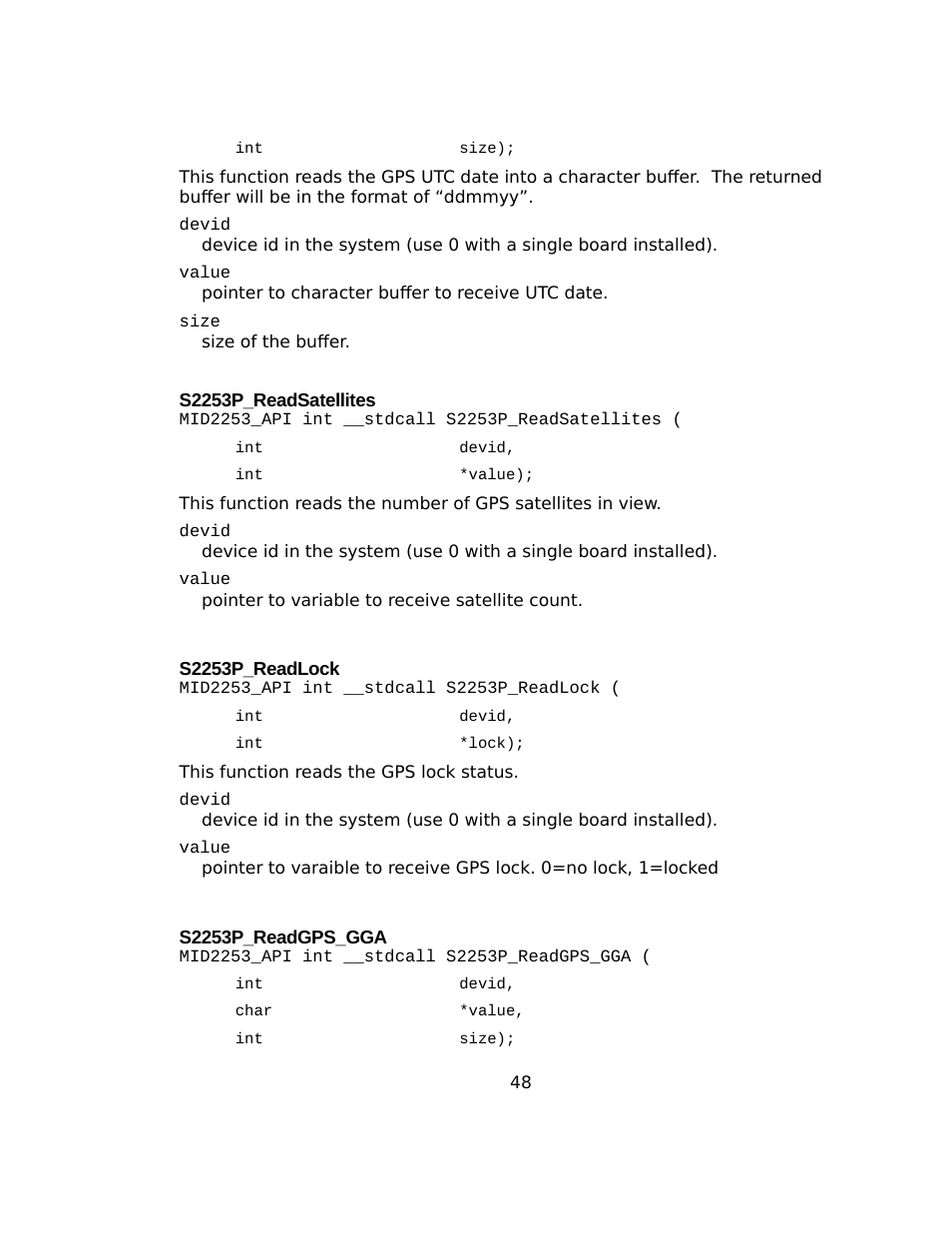 S2253p_readsatellites, S2253p_readlock, S2253p_readgps_gga | Sensoray 2253 Windows User Manual | Page 48 / 60