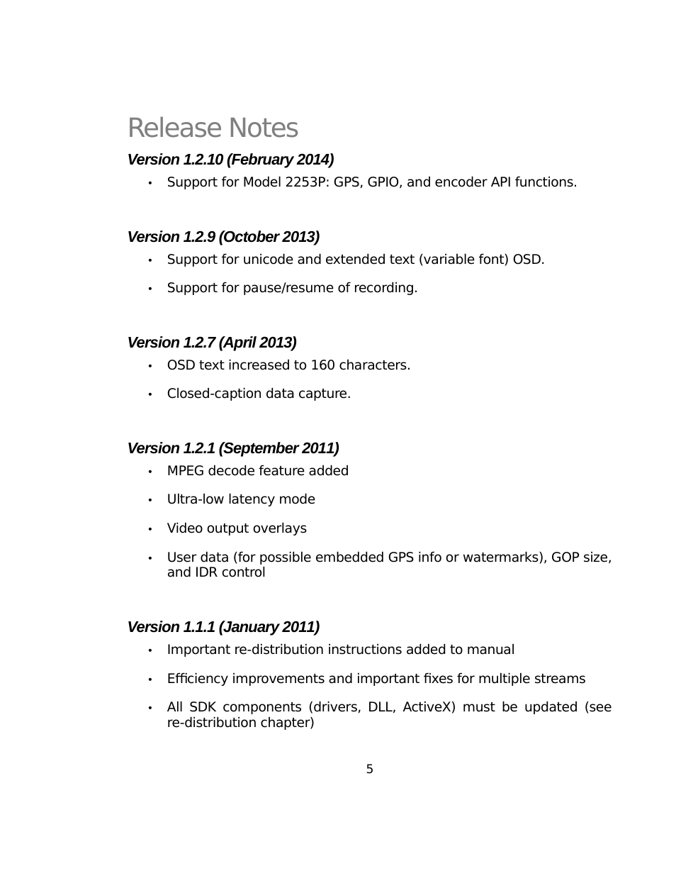 Release notes, Version 1.2.10 (february 2014), Version 1.2.9 (october 2013) | Version 1.2.7 (april 2013), Version 1.2.1 (september 2011), Version 1.1.1 (january 2011) | Sensoray 2253 Windows User Manual | Page 5 / 60