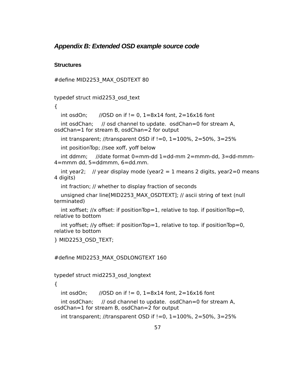 Appendix b: extended osd example source code, Structures | Sensoray 2253 Windows User Manual | Page 57 / 60