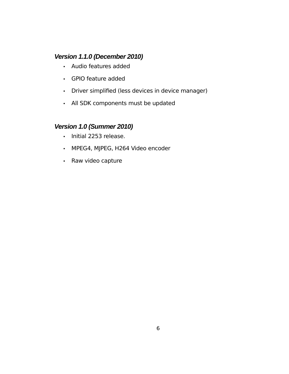 Version 1.1.0 (december 2010), Version 1.0 (summer 2010) | Sensoray 2253 Windows User Manual | Page 6 / 60