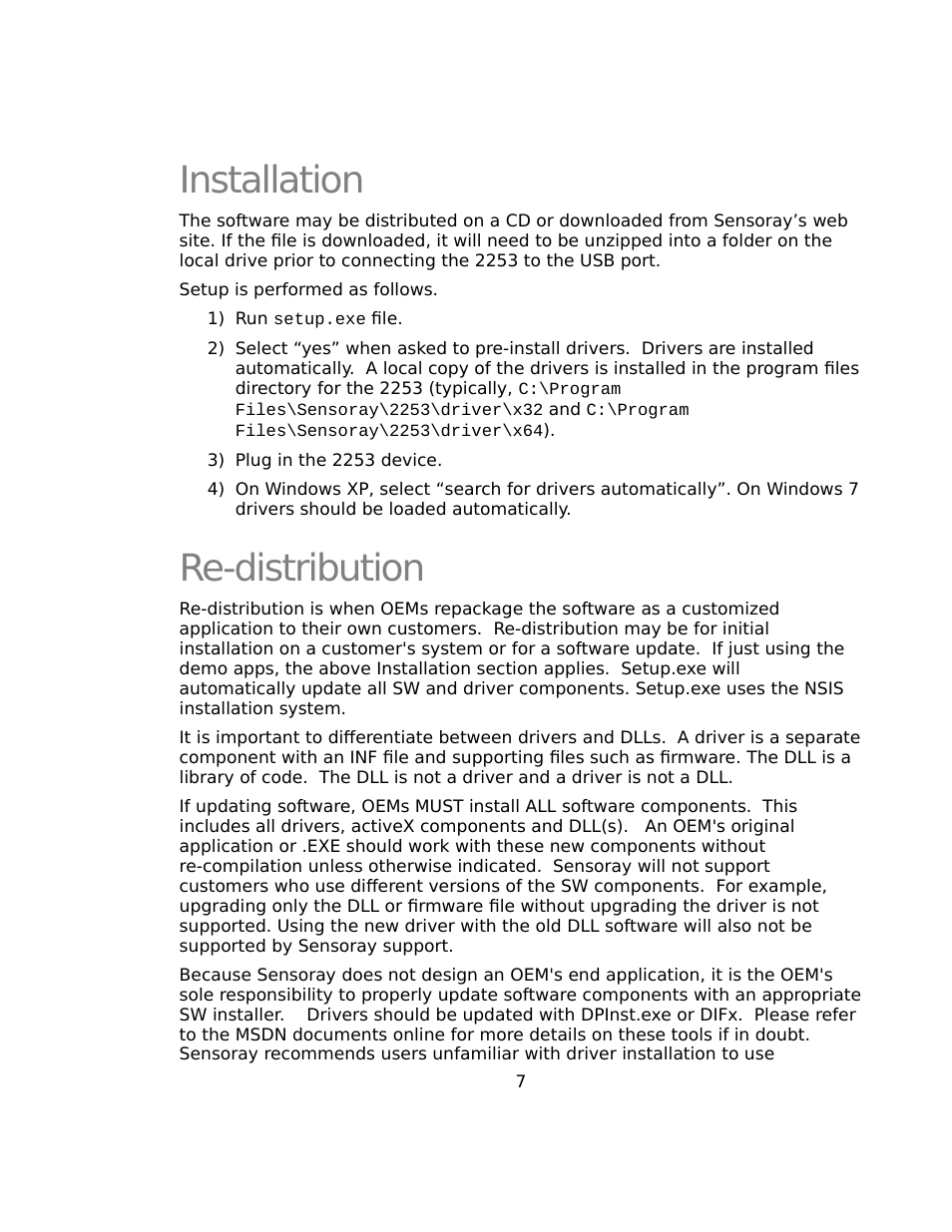 Installation, Re-distribution | Sensoray 2253 Windows User Manual | Page 7 / 60