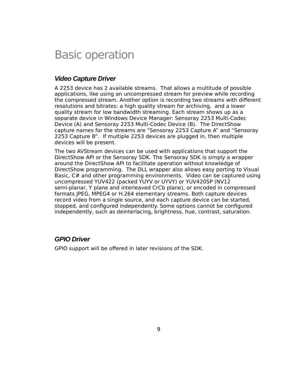 Basic operation, Video capture driver, Gpio driver | Sensoray 2253 Windows User Manual | Page 9 / 60