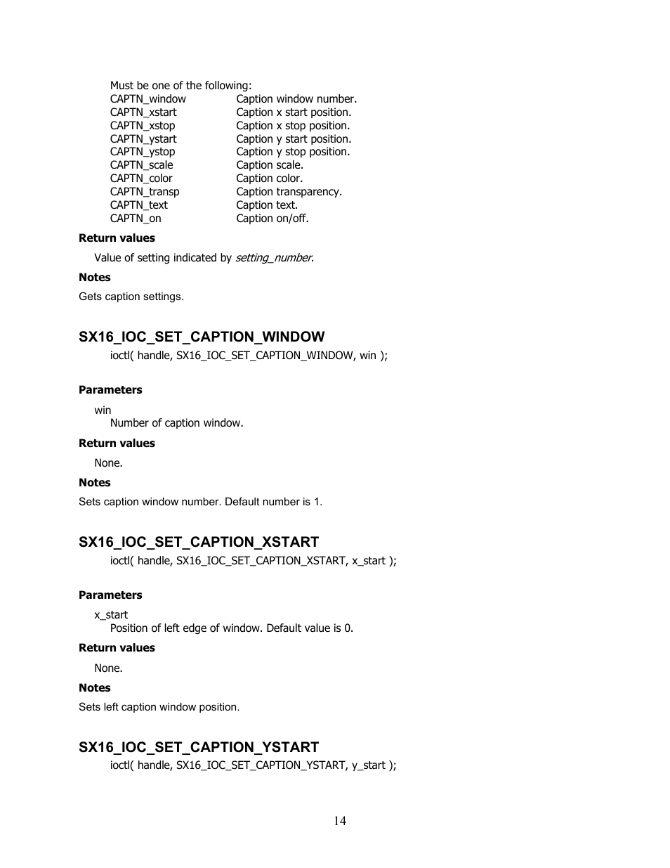 Sx16_ioc_set_caption_window, Sx16_ioc_set_caption_xstart, Sx16_ioc_set_caption_ystart | Sensoray 616 Linux User Manual | Page 14 / 19