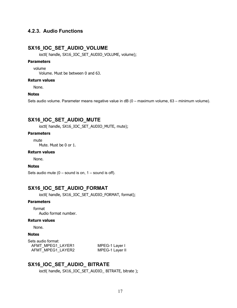 Audio functions, Sx16_ioc_set_audio_volume, Sx16_ioc_set_audio_mute | Sx16_ioc_set_audio_format, Sx16_ioc_set_audio_ bitrate | Sensoray 616 Linux User Manual | Page 17 / 19
