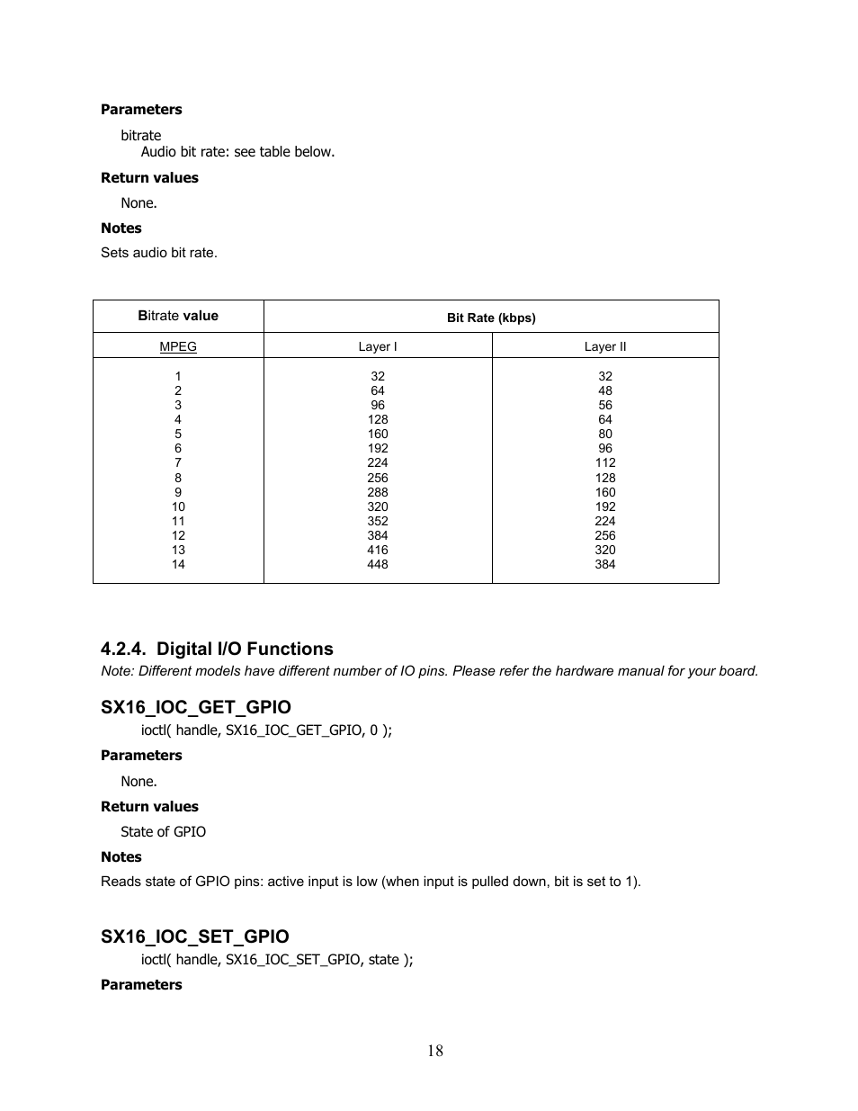Digital i/o functions, Sx16_ioc_get_gpio, Sx16_ioc_set_gpio | Sensoray 616 Linux User Manual | Page 18 / 19
