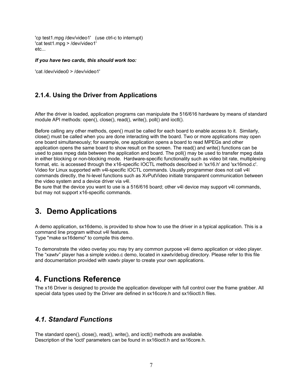 Demo applications, Functions reference | Sensoray 616 Linux User Manual | Page 7 / 19