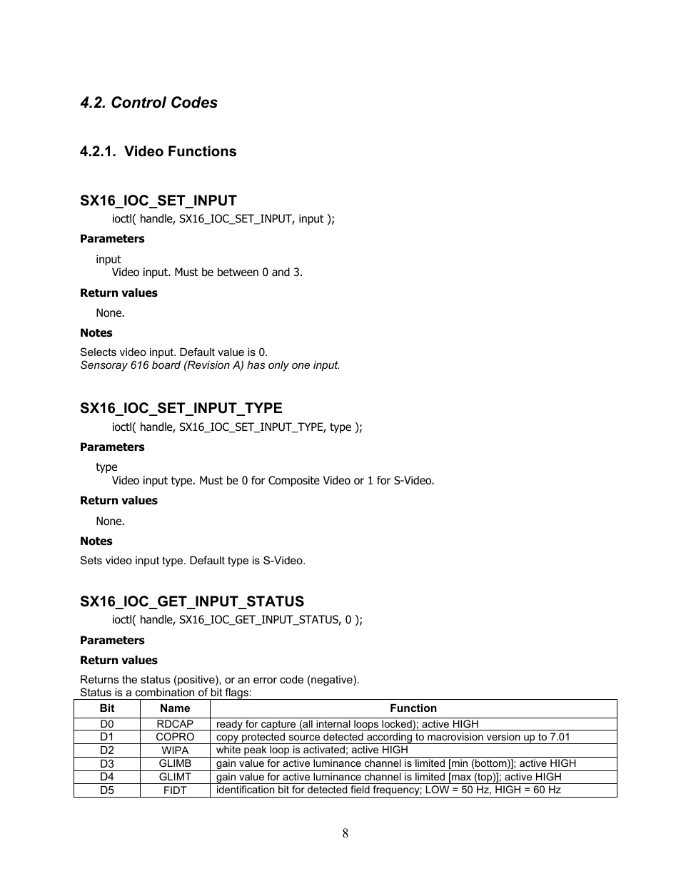 Control codes, Video functions, Sx16_ioc_set_input | Sx16_ioc_set_input_type, Sx16_ioc_get_input_status | Sensoray 616 Linux User Manual | Page 8 / 19
