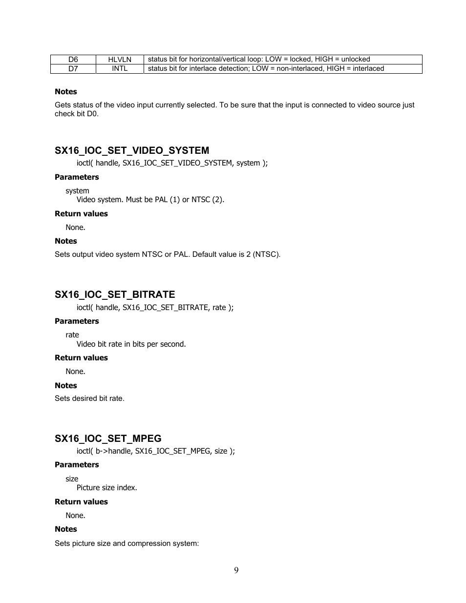 Sx16_ioc_set_video_system, Sx16_ioc_set_bitrate, Sx16_ioc_set_mpeg | Sensoray 616 Linux User Manual | Page 9 / 19