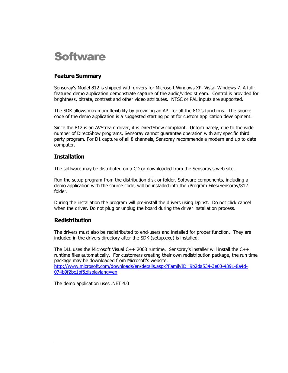 Software, Feature summary, Installation | Redistribution | Sensoray 812 Windows User Manual | Page 5 / 21