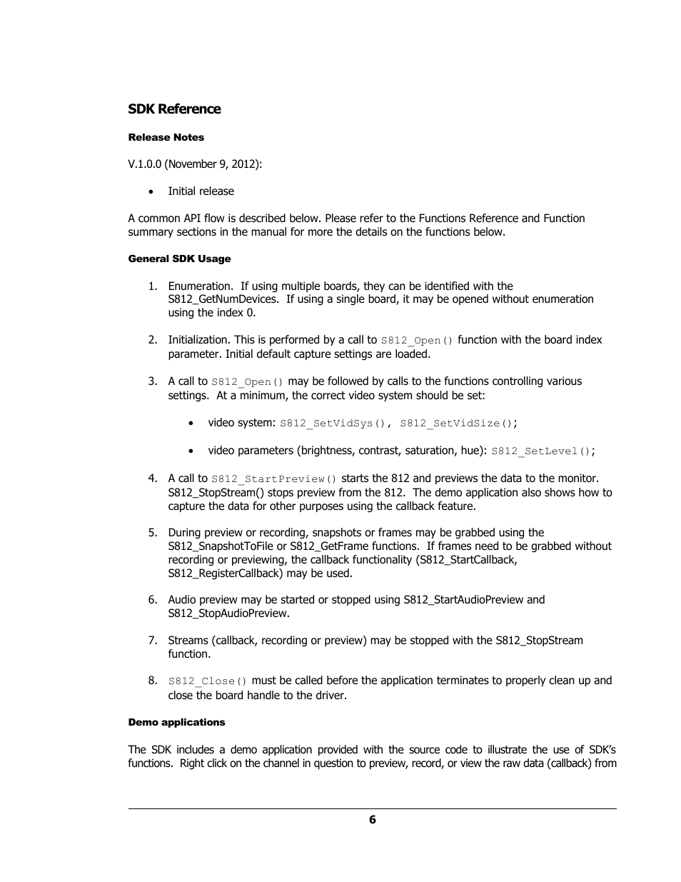 Sdk reference, Release notes, General sdk usage | Demo applications | Sensoray 812 Windows User Manual | Page 6 / 21
