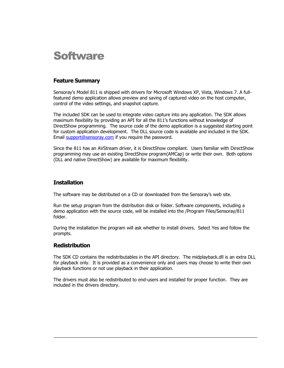 Software, Feature summary, Installation | Redistribution | Sensoray 811 Windows SDK User Manual | Page 6 / 23