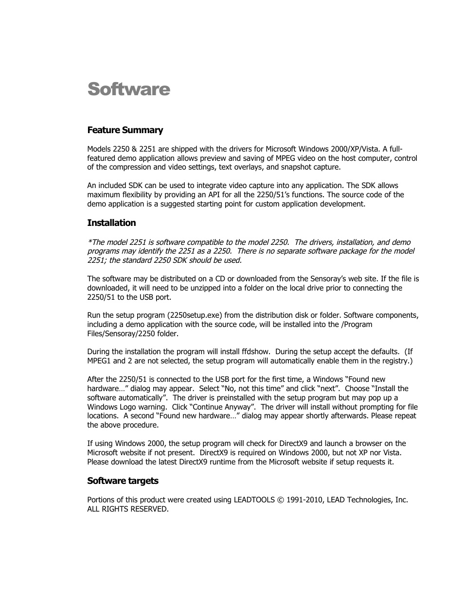Software, Feature summary, Installation | Software targets | Sensoray 2251 Rev.A User Manual | Page 4 / 48