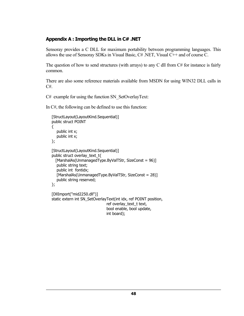 Appendix a : importing the dll in c# .net | Sensoray 2251 Rev.A User Manual | Page 48 / 48