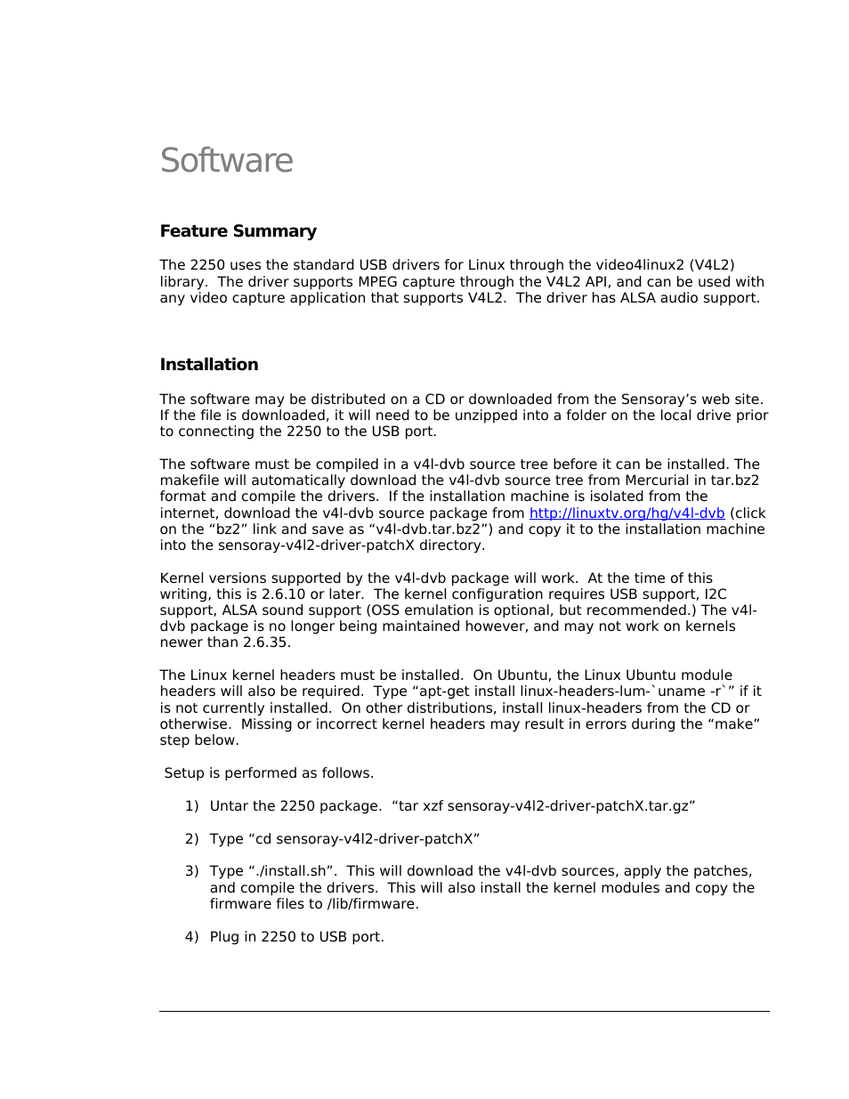 Software, Feature summary, Installation | Troubleshooting, Api reference, Demo application | Sensoray 2251 Linux Ver.X User Manual | Page 3 / 6