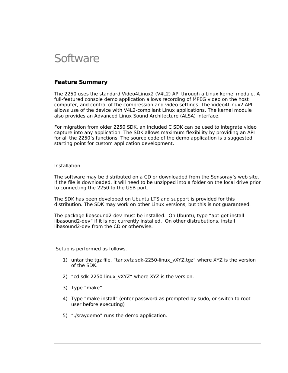 Software, Feature summary | Sensoray 2250 Linux Ver2.0.X User Manual | Page 3 / 18