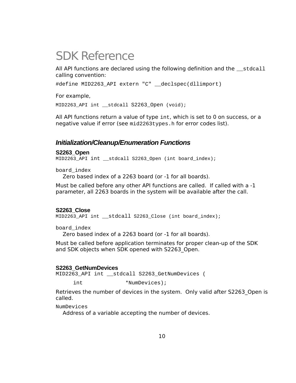Sdk reference, Initialization/cleanup/enumeration functions, S2263_open | S2263_close, S2263_getnumdevices | Sensoray 2263 User Manual | Page 10 / 25