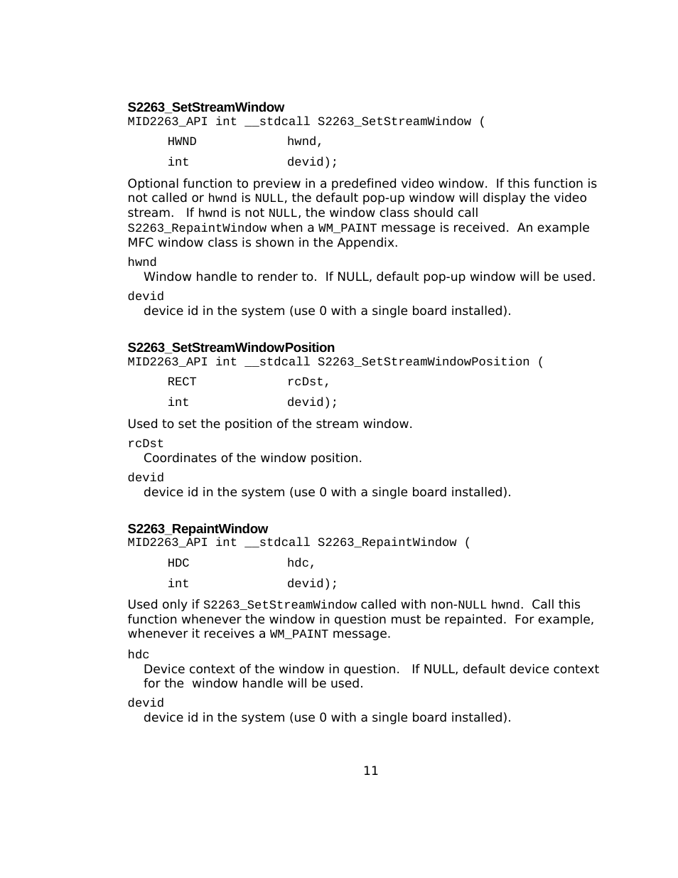 S2263_setstreamwindow, S2263_setstreamwindowposition, S2263_repaintwindow | Sensoray 2263 User Manual | Page 11 / 25