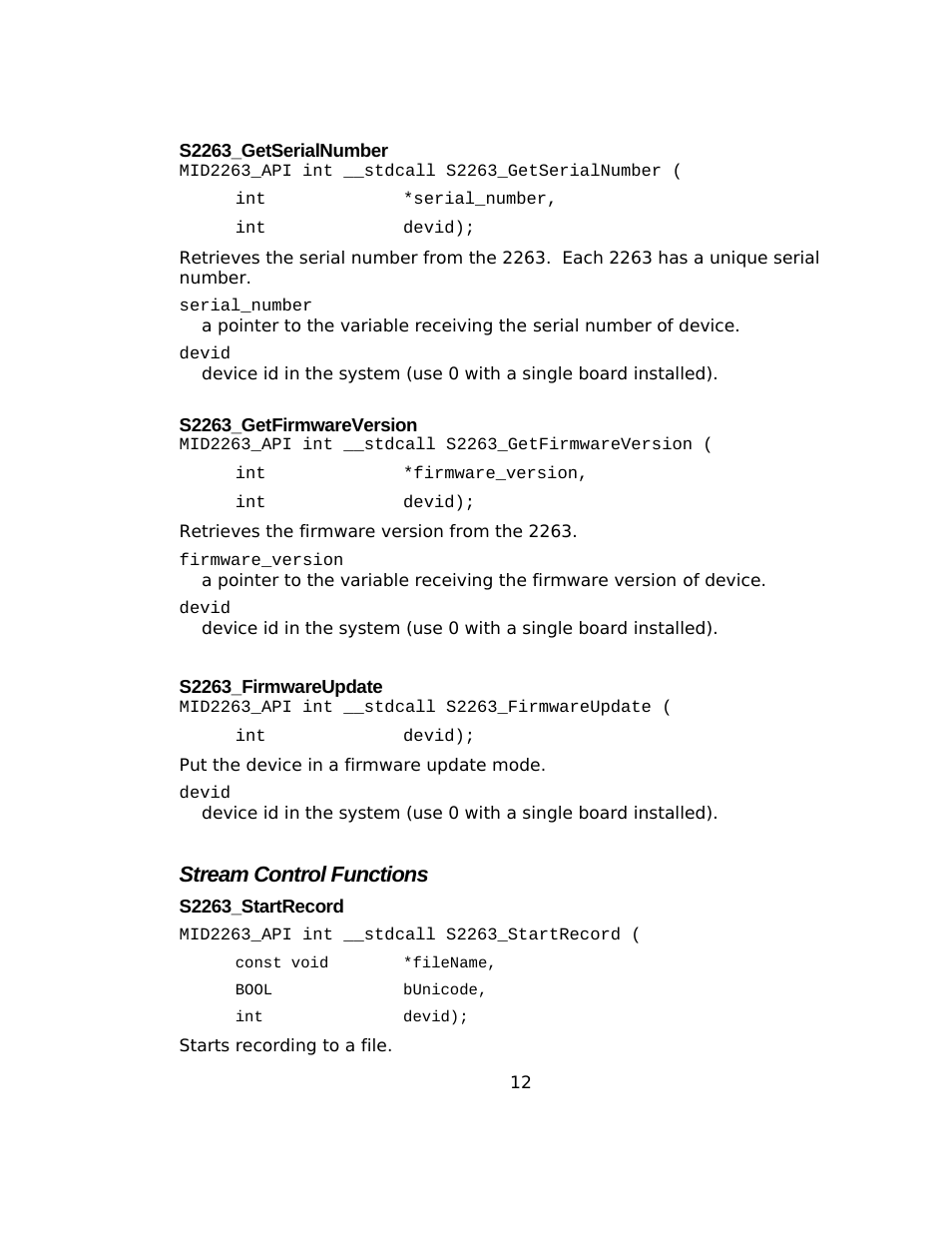 S2263_getserialnumber, S2263_getfirmwareversion, S2263_firmwareupdate | Stream control functions, S2263_startrecord | Sensoray 2263 User Manual | Page 12 / 25