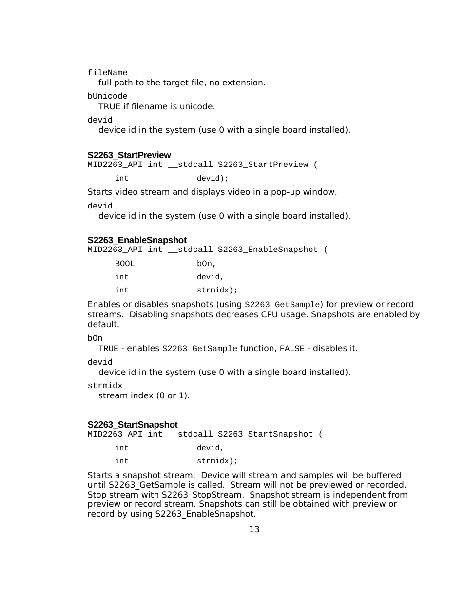 S2263_startpreview, S2263_enablesnapshot, S2263_startsnapshot | Sensoray 2263 User Manual | Page 13 / 25