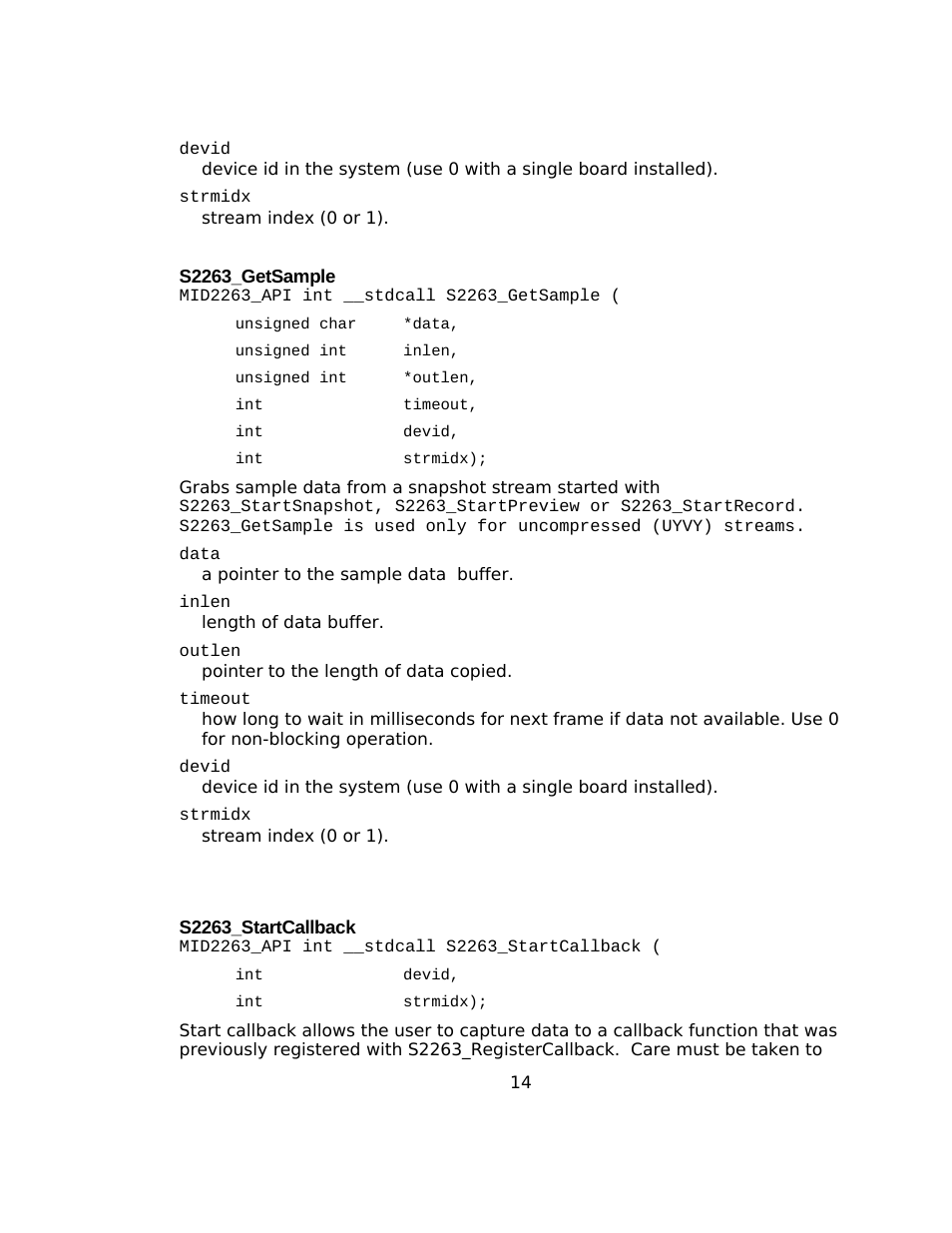 S2263_getsample, S2263_startcallback | Sensoray 2263 User Manual | Page 14 / 25