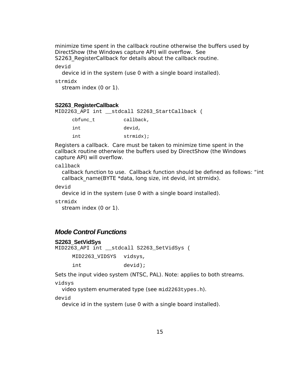 S2263_registercallback, Mode control functions, S2263_setvidsys | Sensoray 2263 User Manual | Page 15 / 25