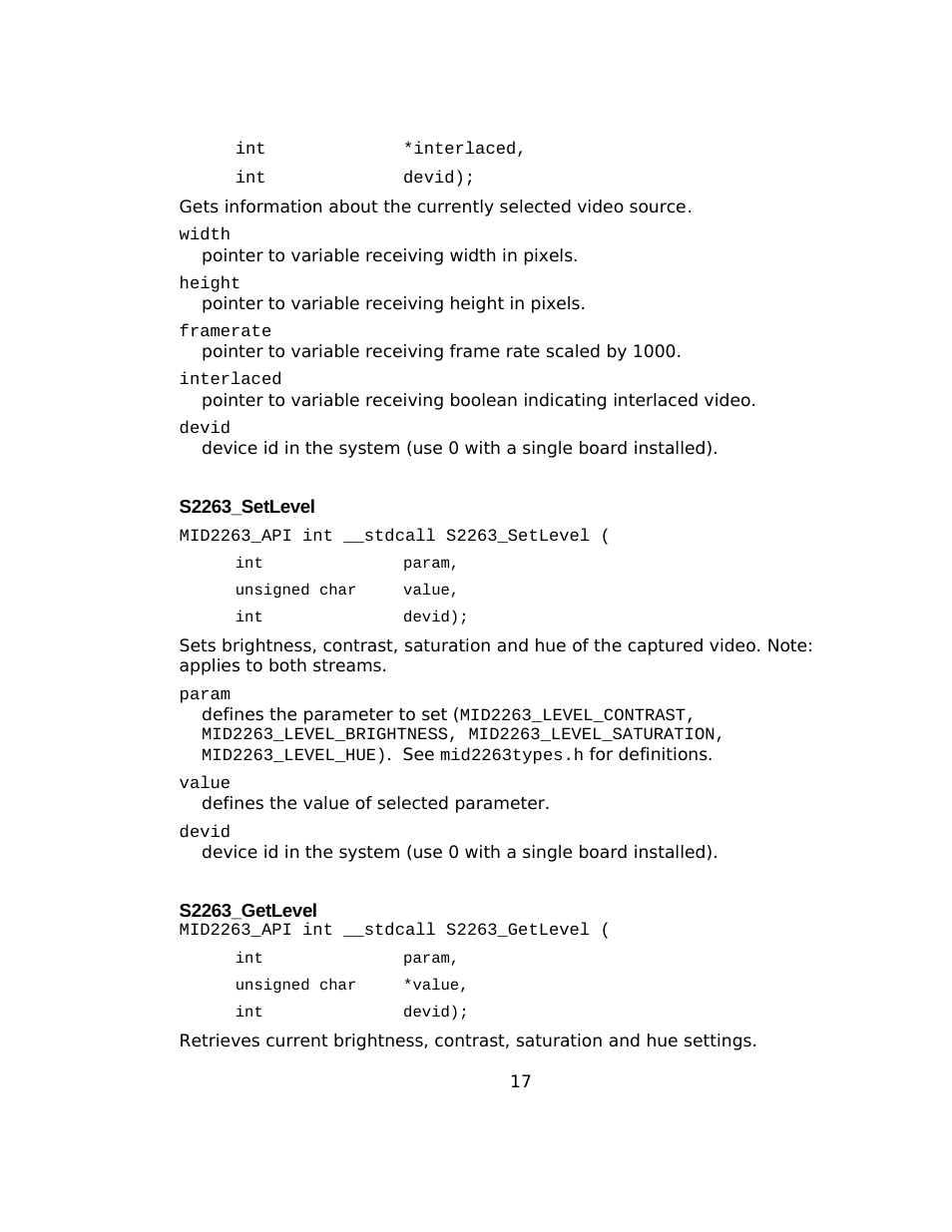S2263_setlevel, S2263_getlevel | Sensoray 2263 User Manual | Page 17 / 25