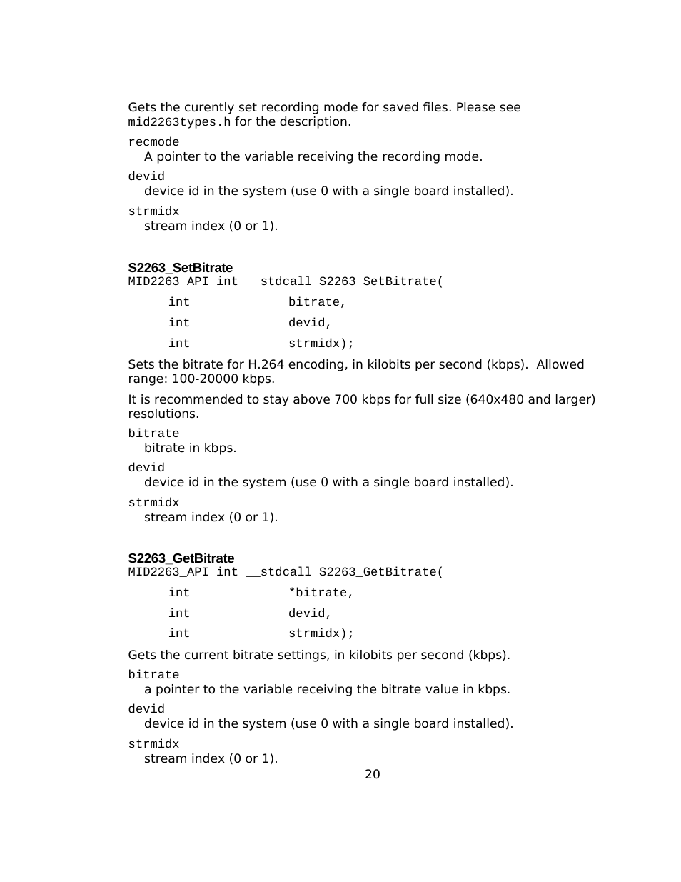 S2263_setbitrate, S2263_getbitrate | Sensoray 2263 User Manual | Page 20 / 25