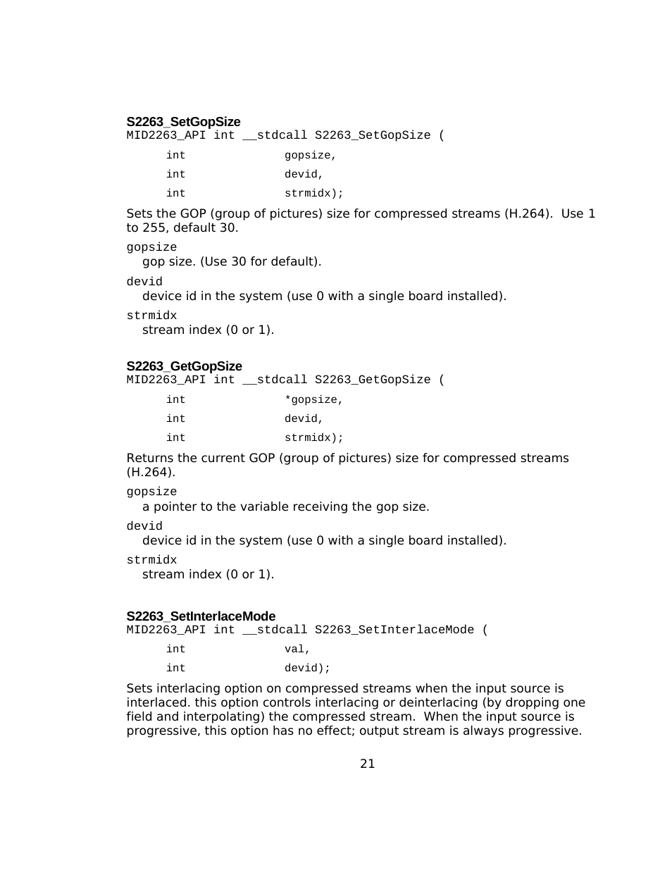 S2263_setgopsize, S2263_getgopsize, S2263_setinterlacemode | Sensoray 2263 User Manual | Page 21 / 25