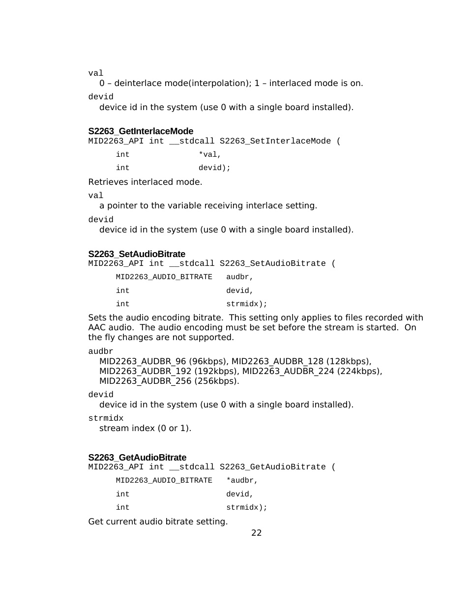 S2263_getinterlacemode, S2263_setaudiobitrate, S2263_getaudiobitrate | Sensoray 2263 User Manual | Page 22 / 25