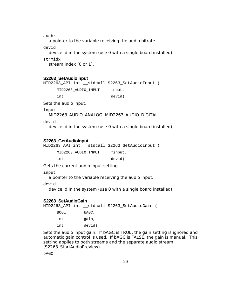 S2263_setaudioinput, S2263_getaudioinput, S2263_setaudiogain | Sensoray 2263 User Manual | Page 23 / 25
