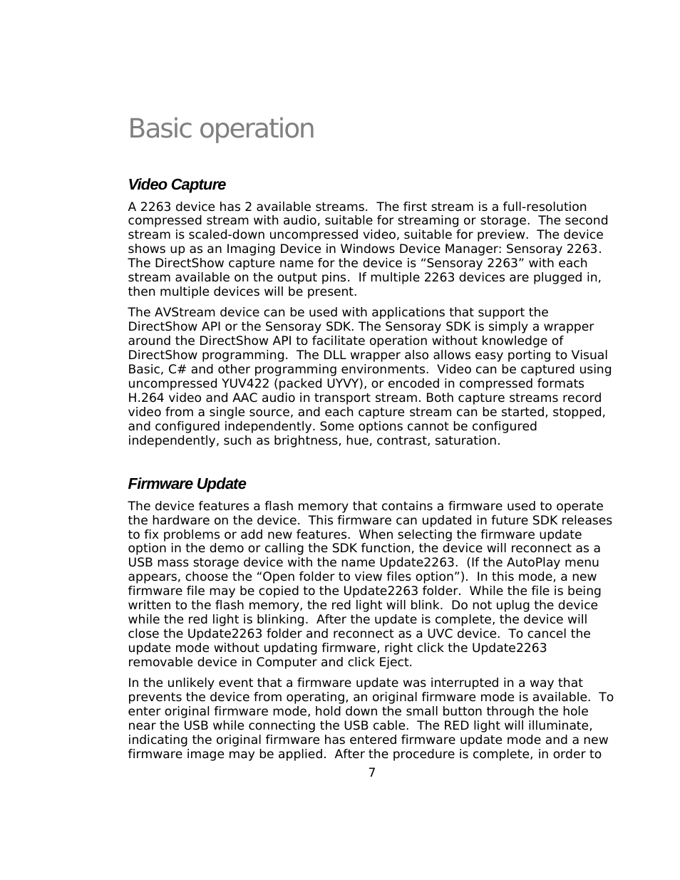 Basic operation, Video capture, Firmware update | Sensoray 2263 User Manual | Page 7 / 25