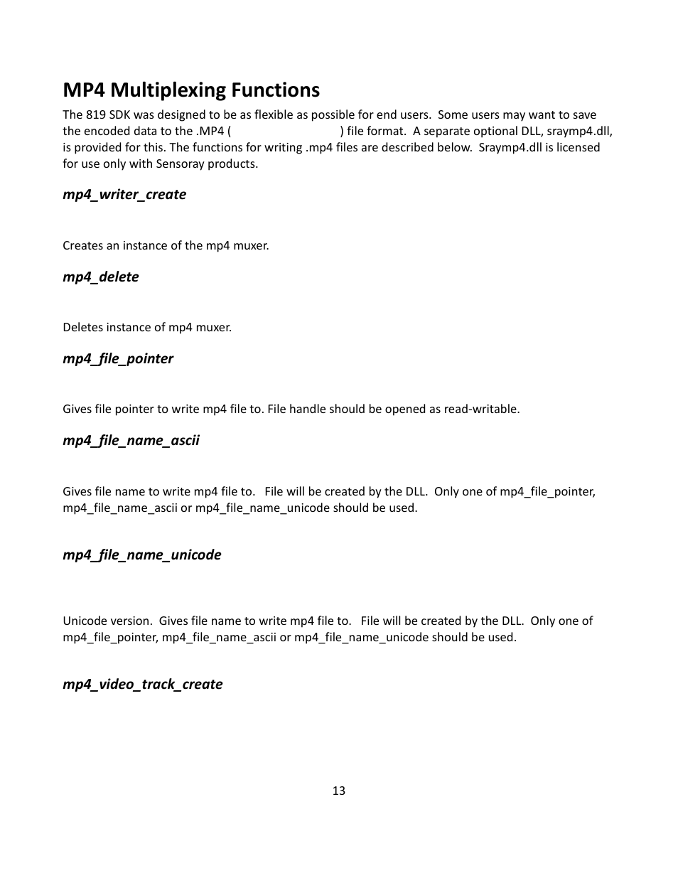 Mp4 multiplexing functions | Sensoray 819 Windows SDK User Manual | Page 13 / 16