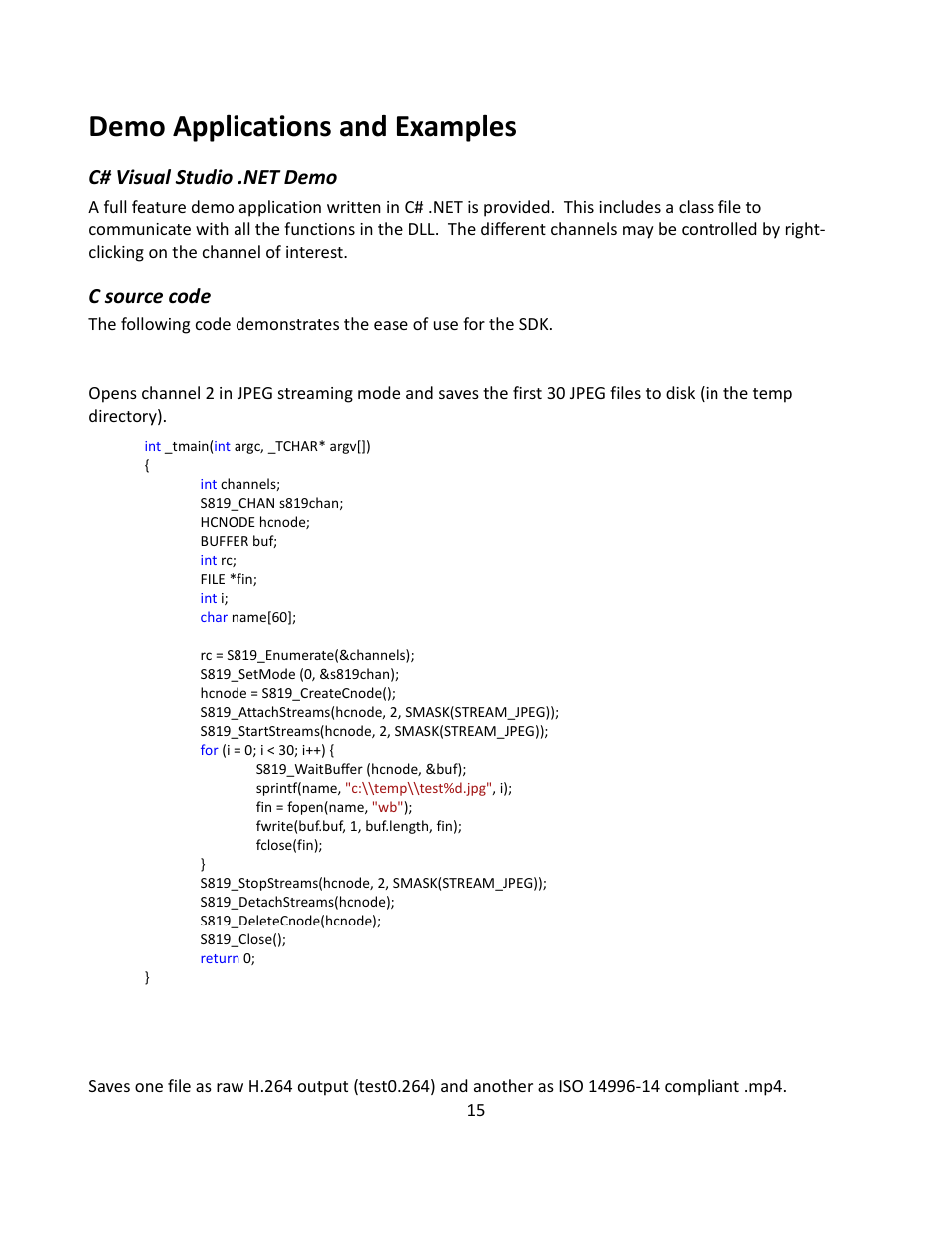 Demo applications and examples, C source code | Sensoray 819 Windows SDK User Manual | Page 15 / 16