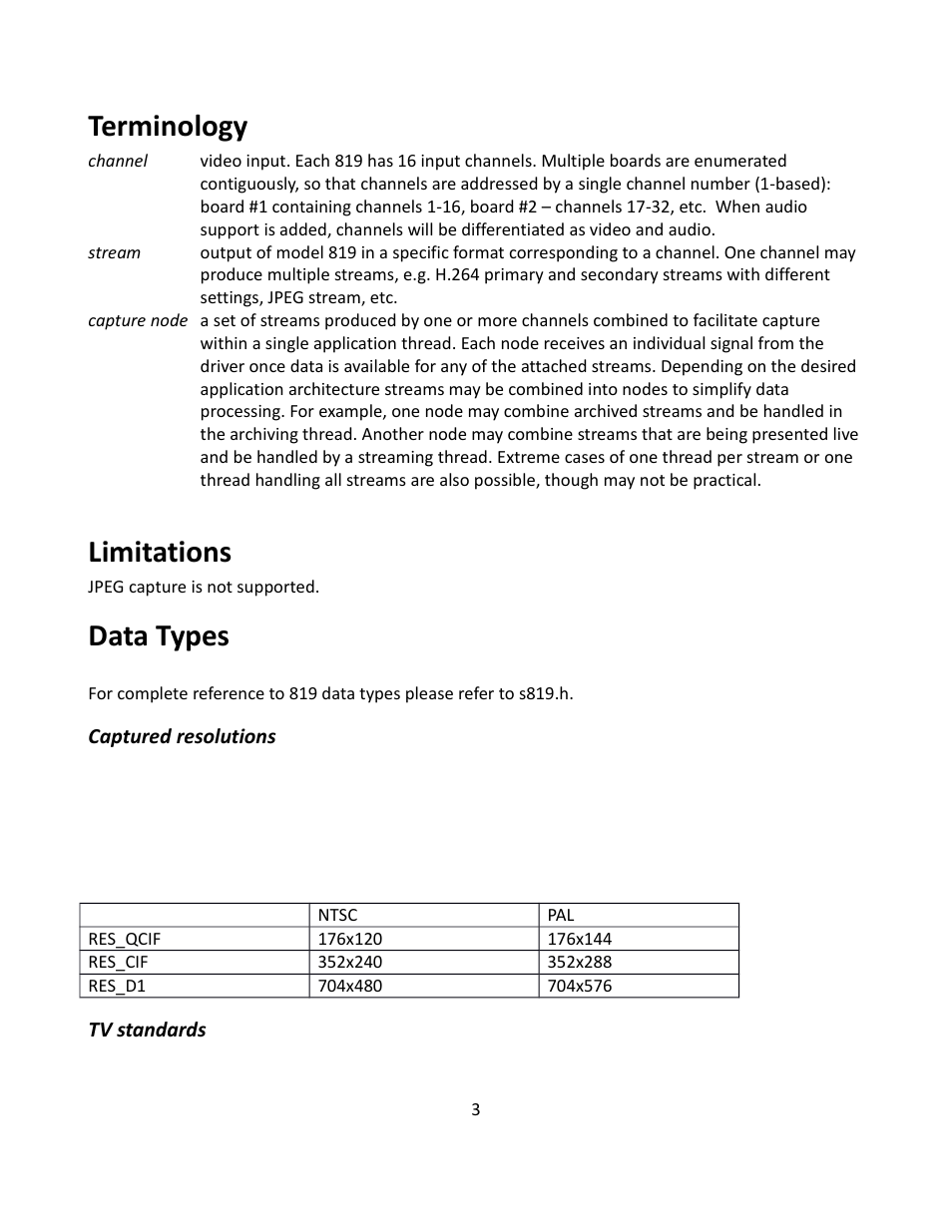 Terminology, Limitations, Data types | Sensoray 819 Windows SDK User Manual | Page 3 / 16
