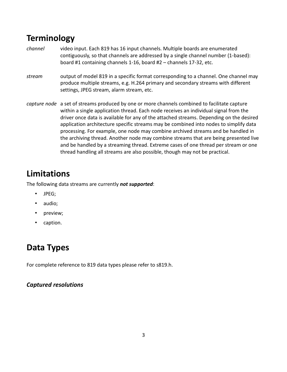 Terminology, Limitations, Data types | Sensoray 819 Linuxs SDK User Manual | Page 3 / 12