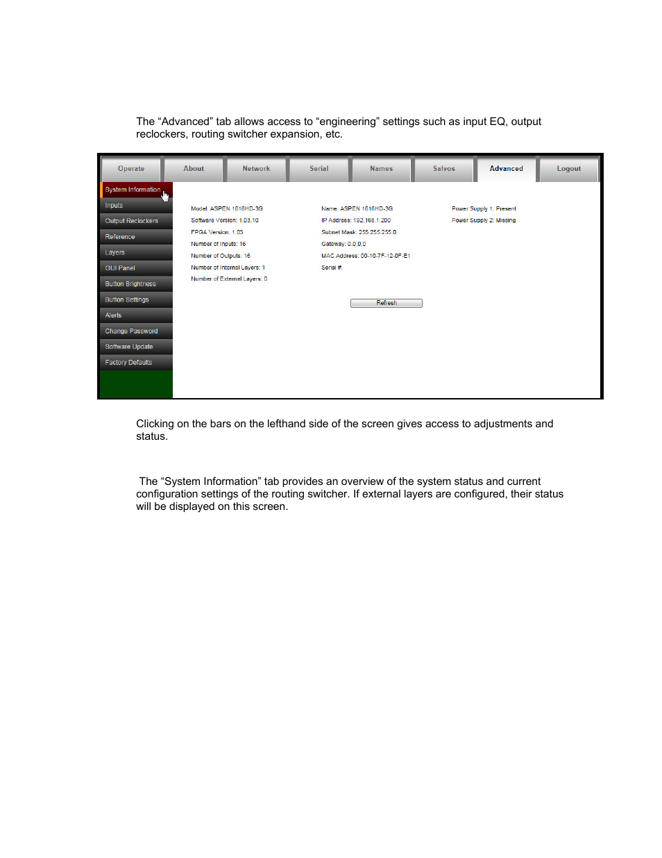 Advanced, System information | Sierra Video 3232HD-3G User Manual | Page 23 / 70