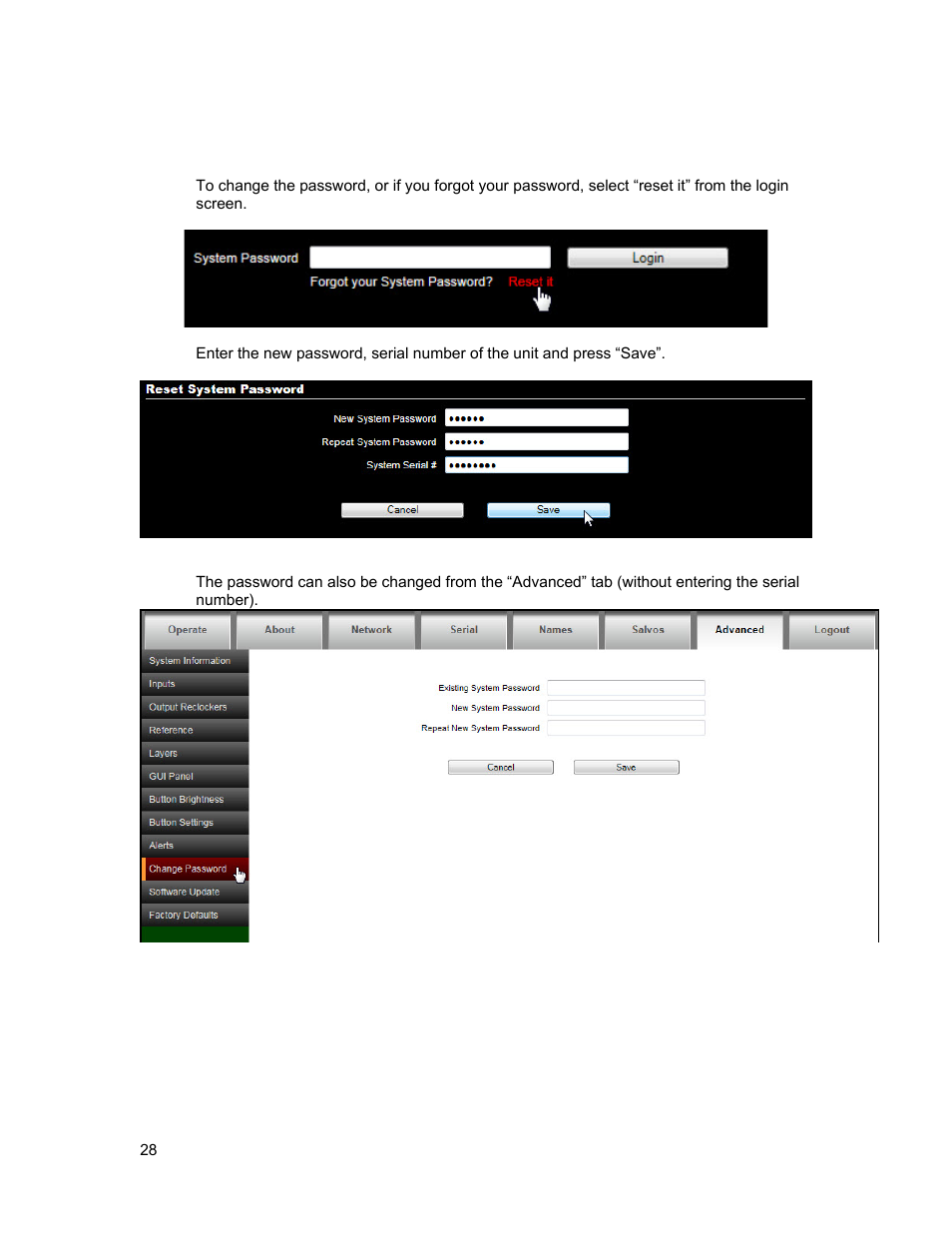 Changing password | Sierra Video 3232HD-3G User Manual | Page 38 / 70