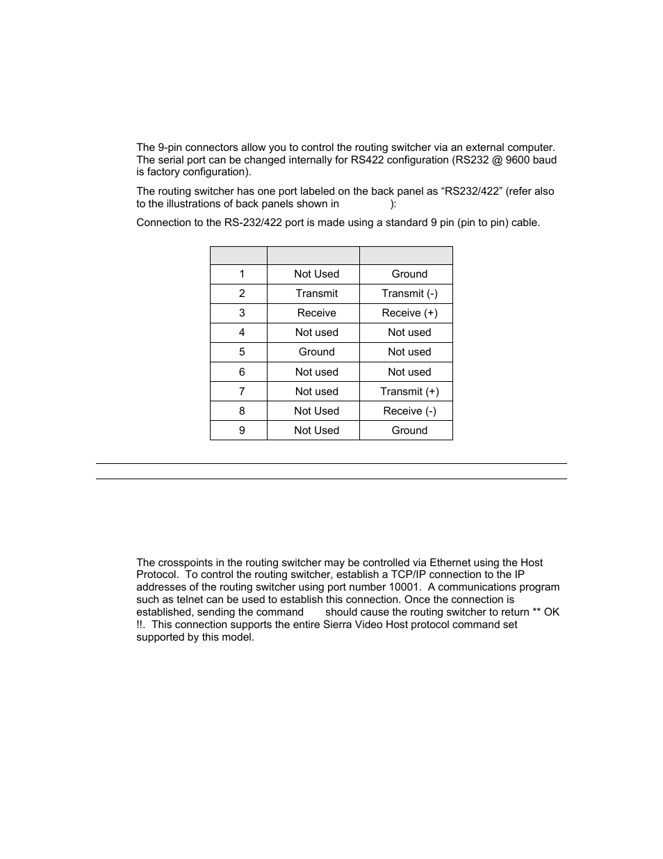 Control via 9-pin connectors, Control via ethernet | Sierra Video 3232HD-3G User Manual | Page 53 / 70