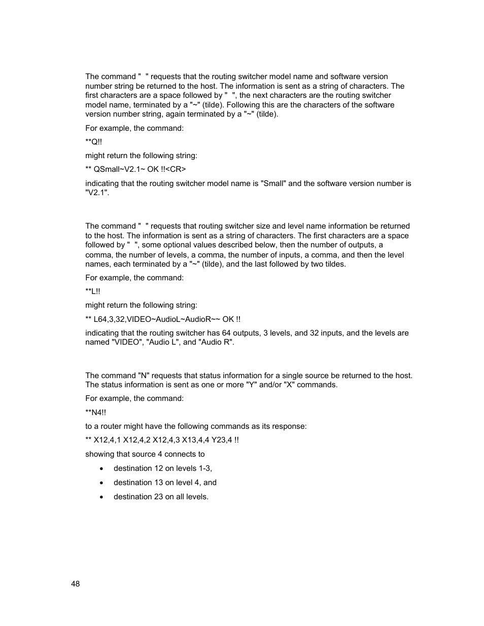 Q”: model name and software version inquiry, L”: routing switcher size and level names inquiry, N”: source status inquiry | Sierra Video 3232HD-3G User Manual | Page 58 / 70